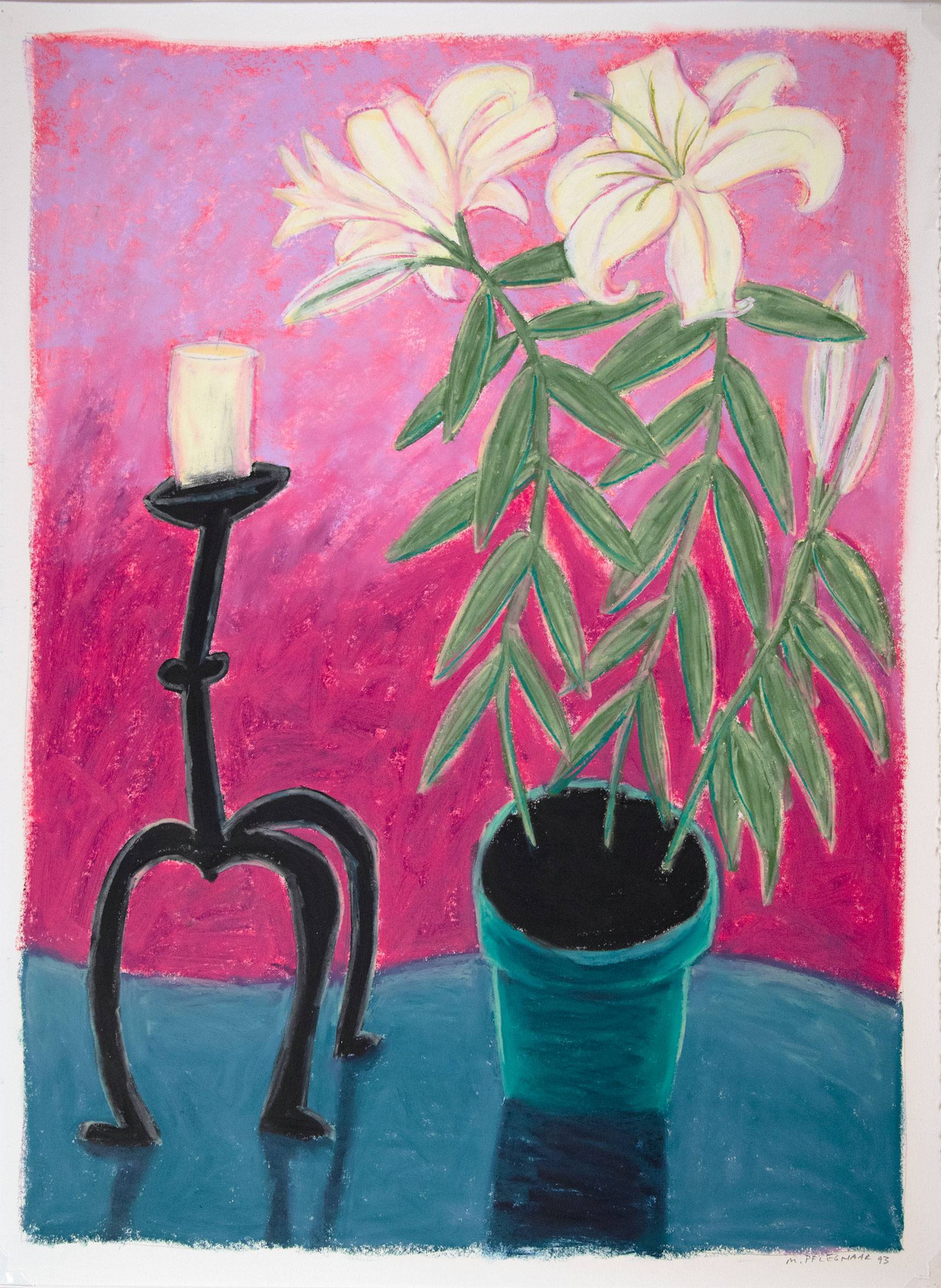 pastel drawing of potted plant next to candle on a stand